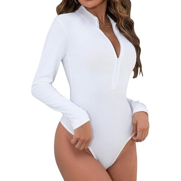Tops - Women's Bodysuit Long Sleeve V Neck Zipper Medium